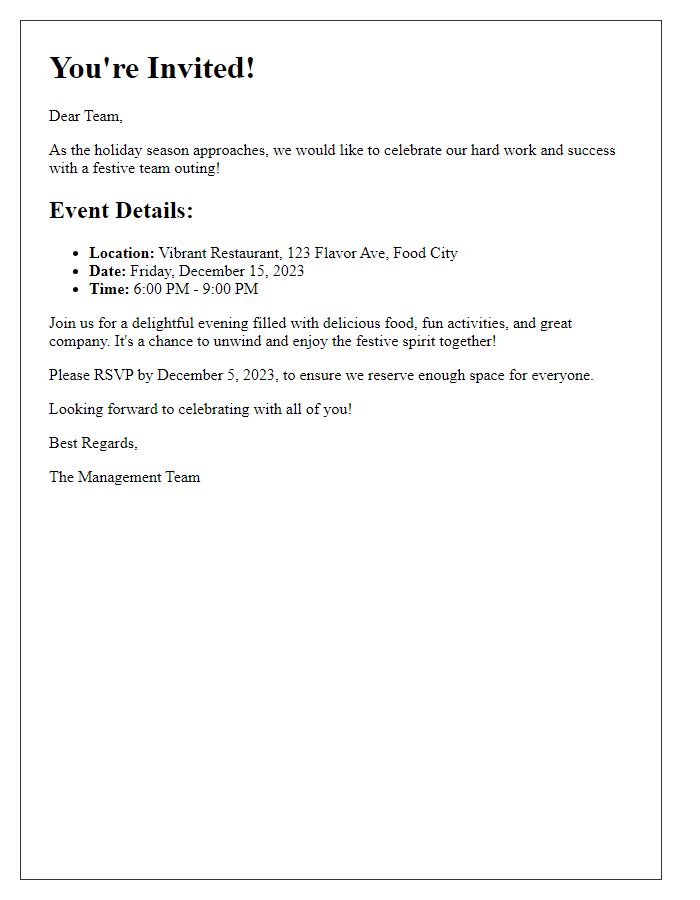 Letter template of vibrant restaurant holiday team outing invitation