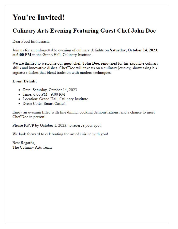 Letter template of culinary arts evening invitation featuring a guest chef.