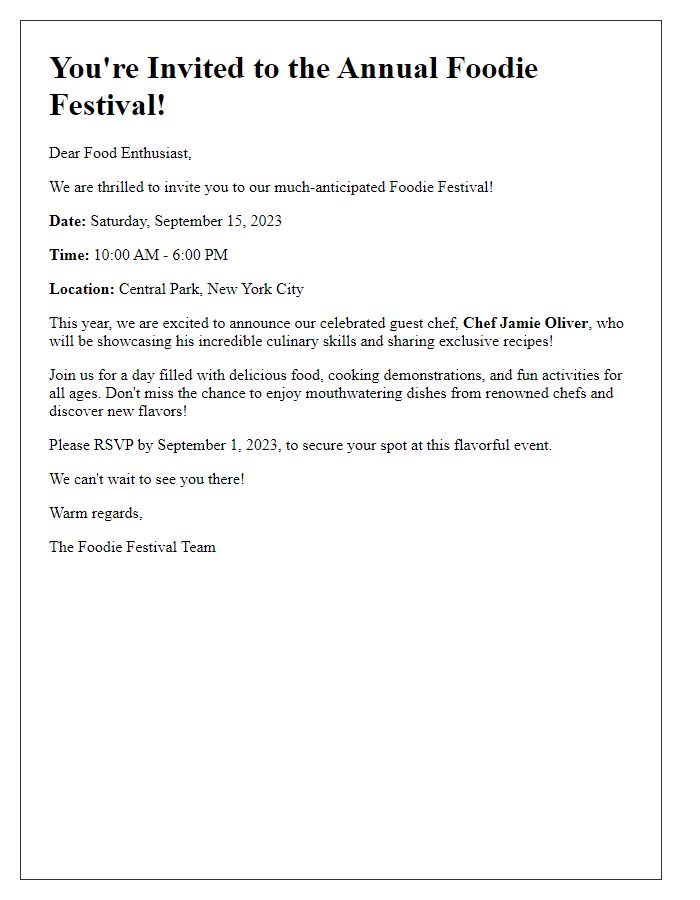 Letter template of foodie festival invitation with a celebrated guest chef.