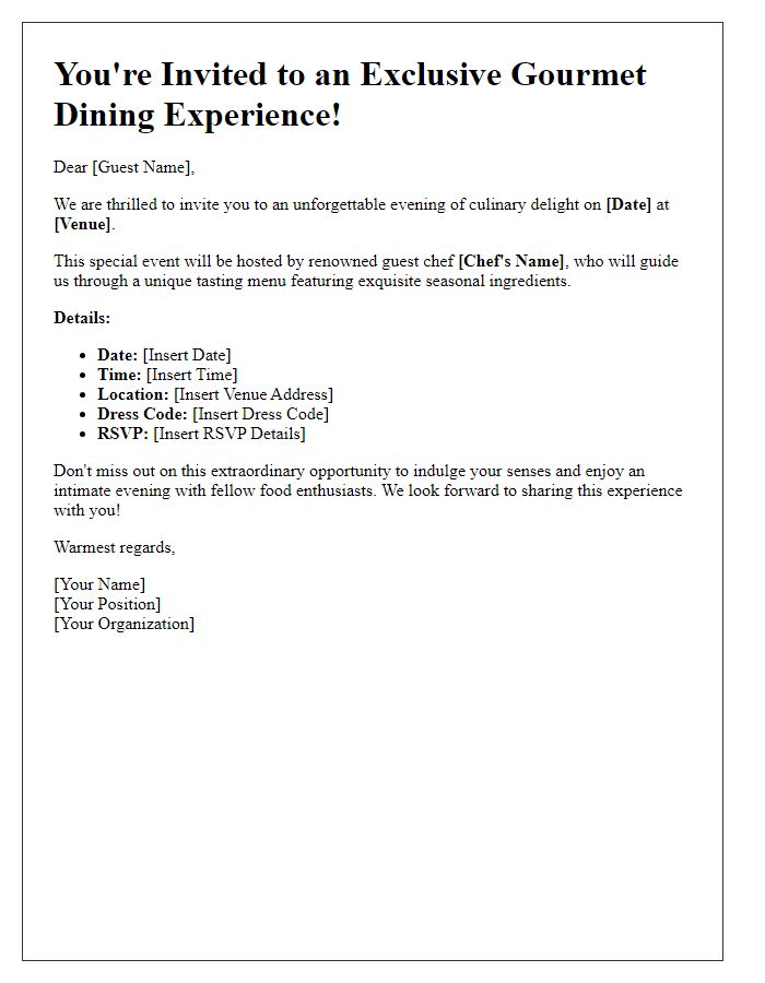 Letter template of gourmet dining experience invitation featuring guest chef.