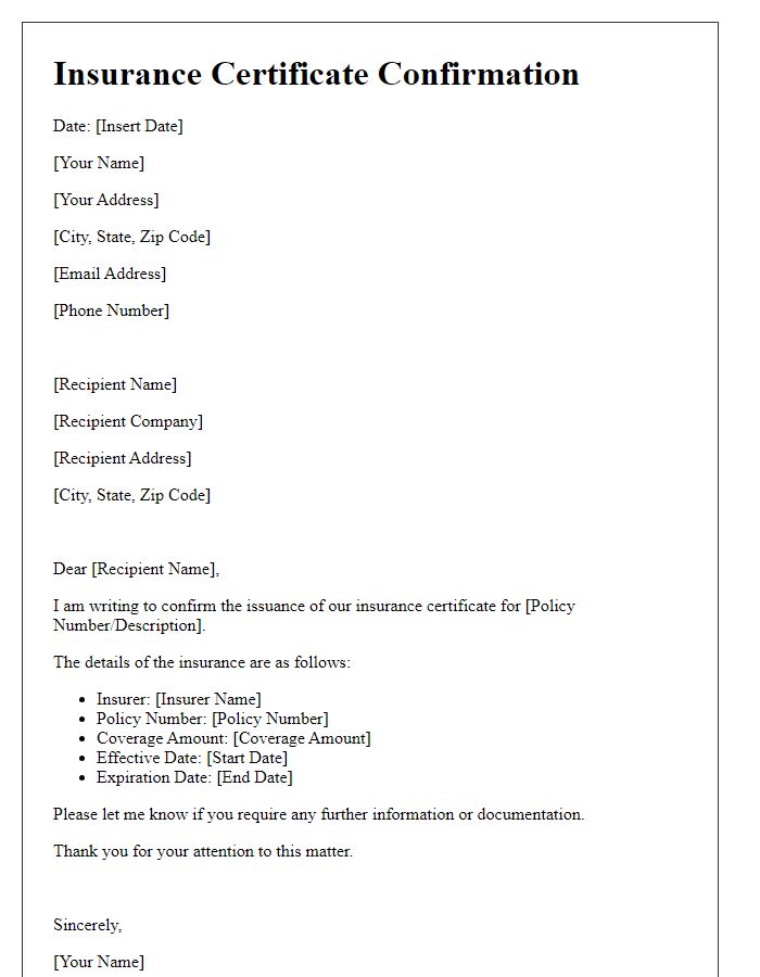 Letter template of insurance certificate confirmation letter