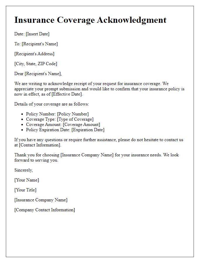 Letter template of insurance coverage acknowledgment letter