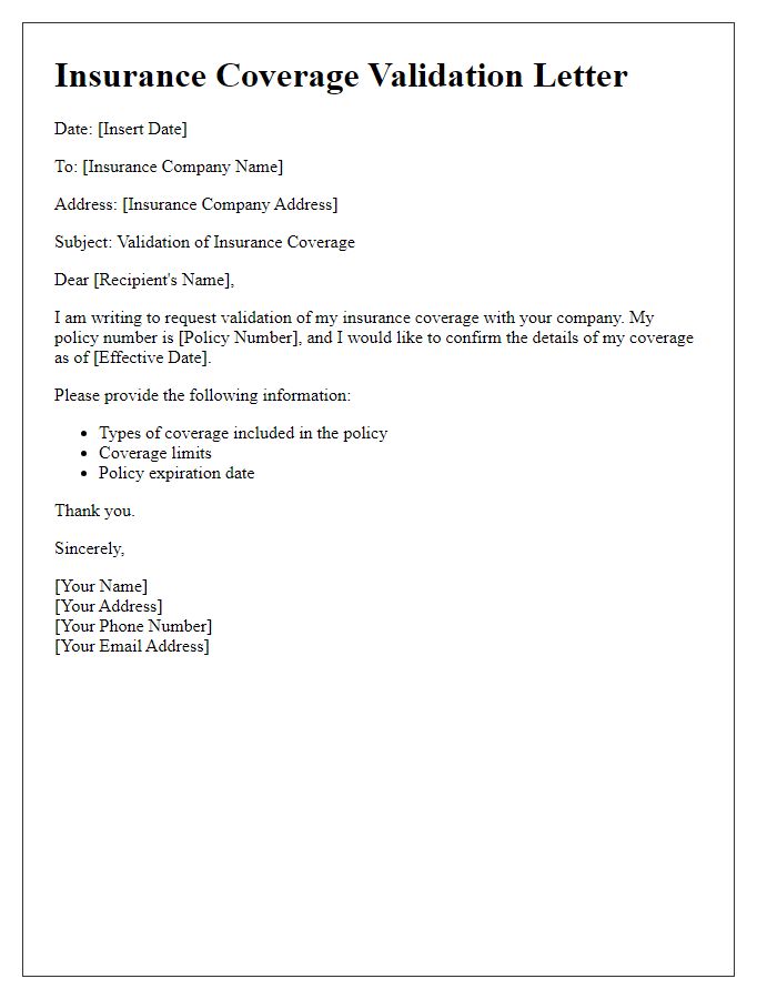 Letter template of insurance coverage validation letter