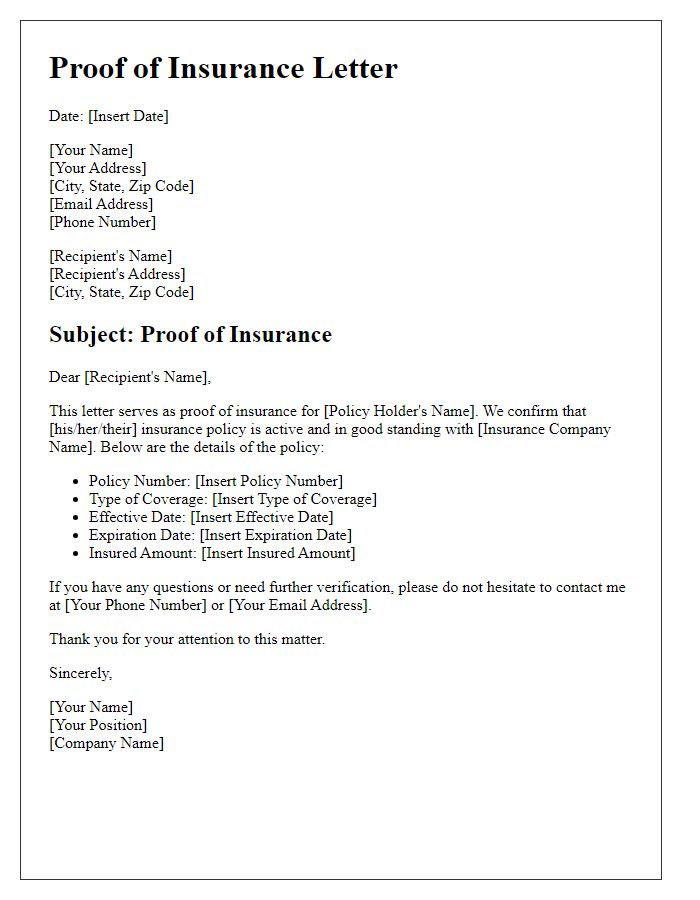 Letter template of proof of insurance letter