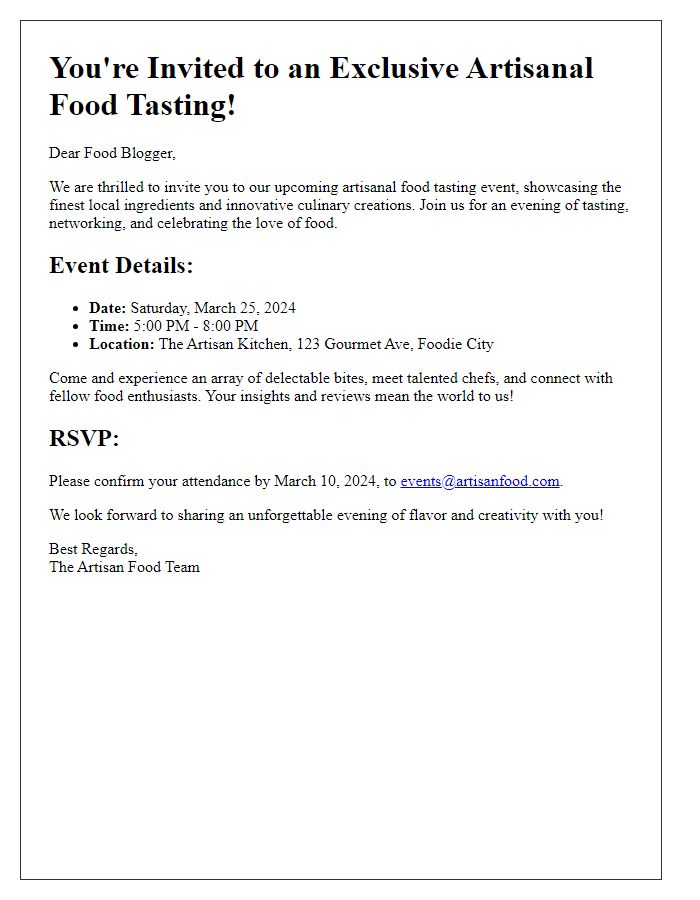 Letter template of artisanal food tasting event invitation for food bloggers