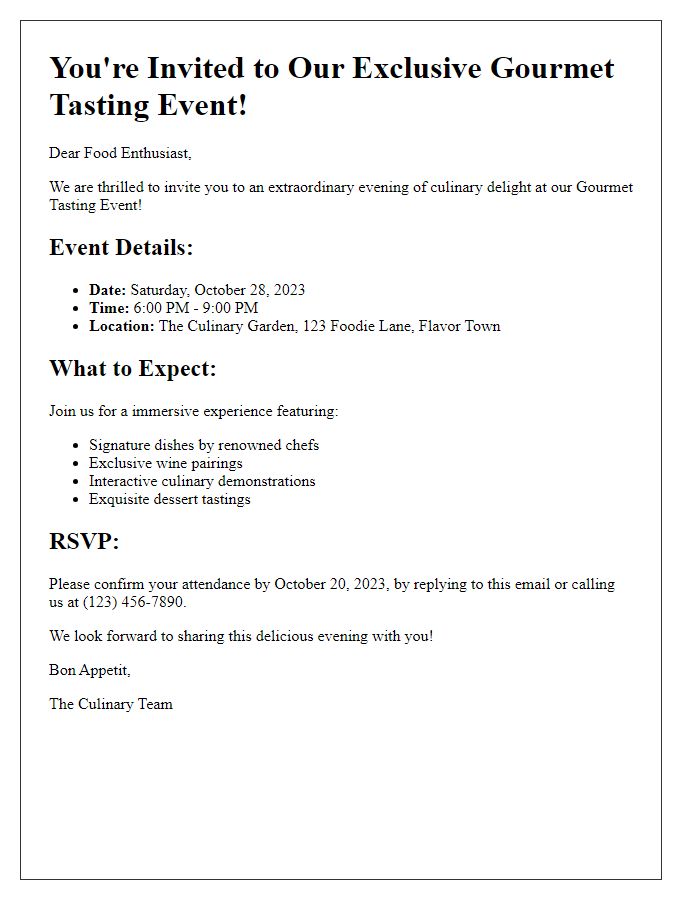 Letter template of gourmet tasting event invitation for food enthusiasts