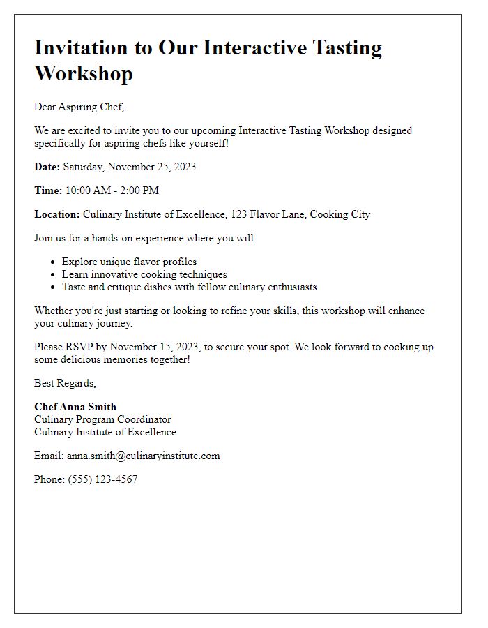 Letter template of interactive tasting workshop invitation for aspiring chefs