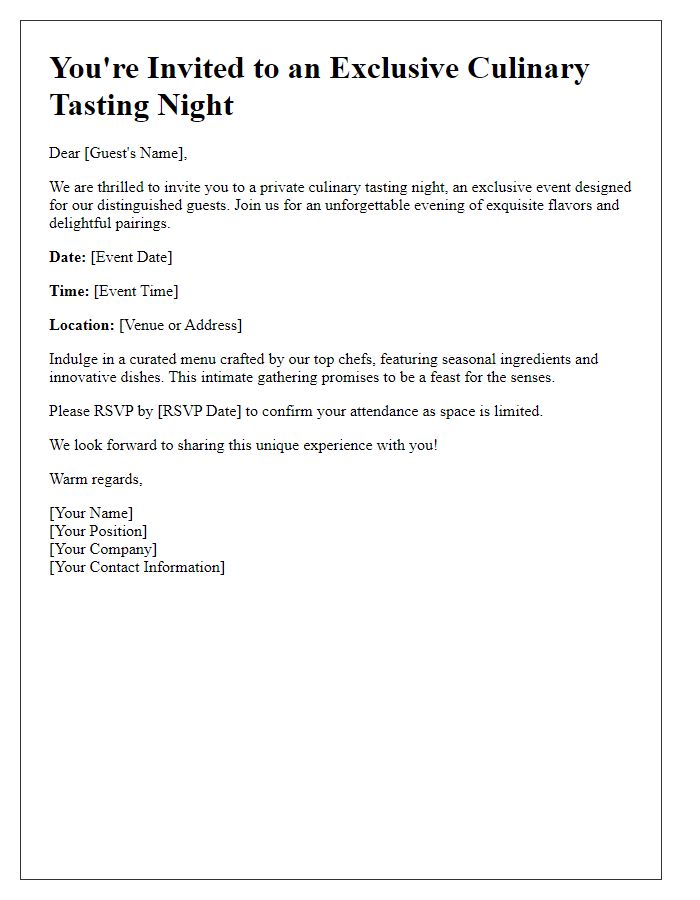 Letter template of private culinary tasting night invitation for selected guests