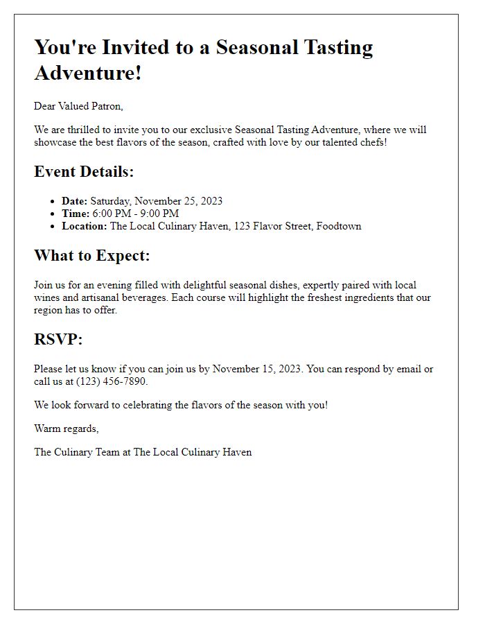 Letter template of seasonal tasting adventure invitation for local patrons