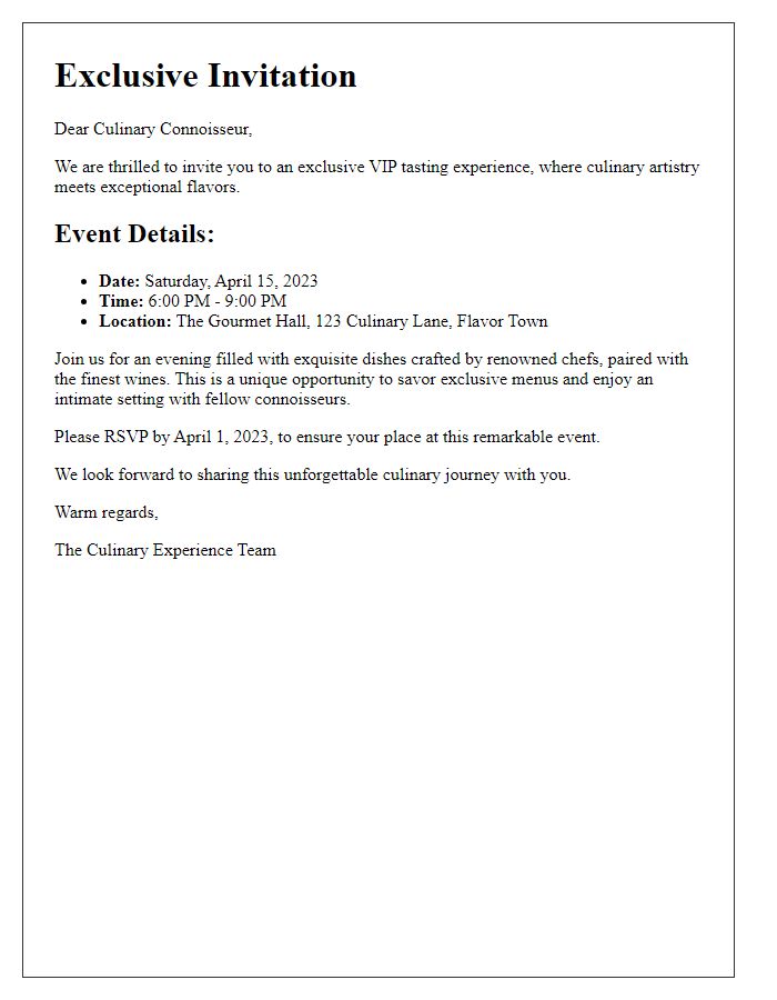 Letter template of VIP tasting experience invitation for culinary connoisseurs