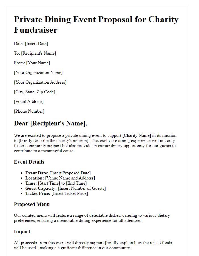 Letter template of private dining event proposal for charity fundraisers.