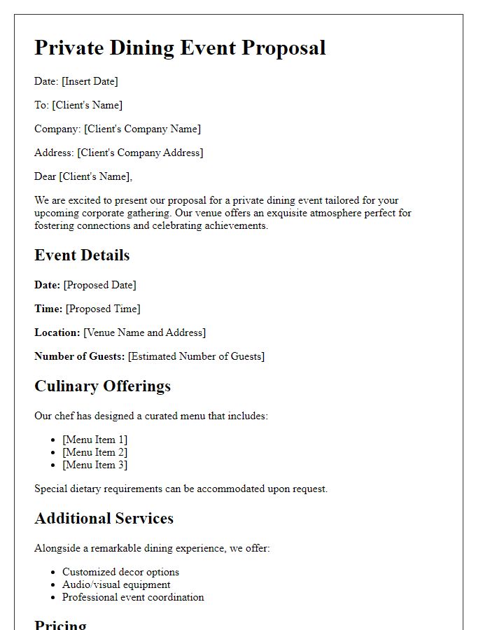 Letter template of private dining event proposal for corporate gatherings.