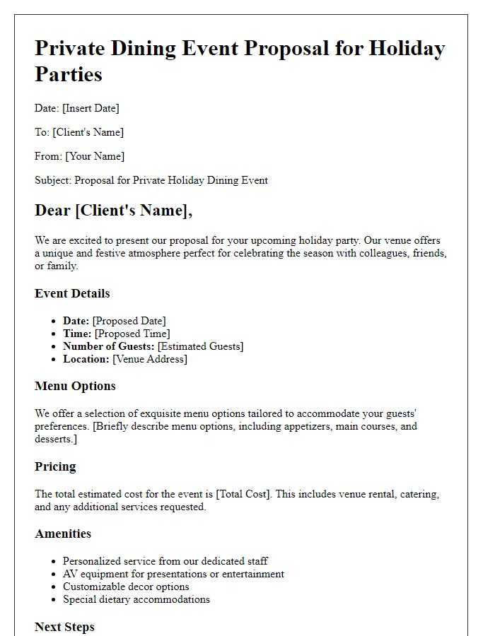 Letter template of private dining event proposal for holiday parties.