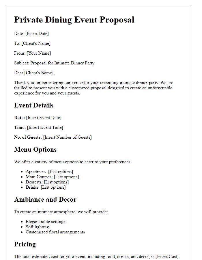 Letter template of private dining event proposal for intimate dinner parties.