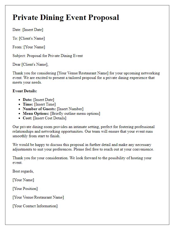 Letter template of private dining event proposal for networking events.