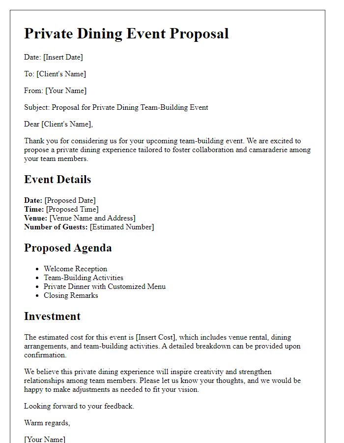 Letter template of private dining event proposal for team-building activities.