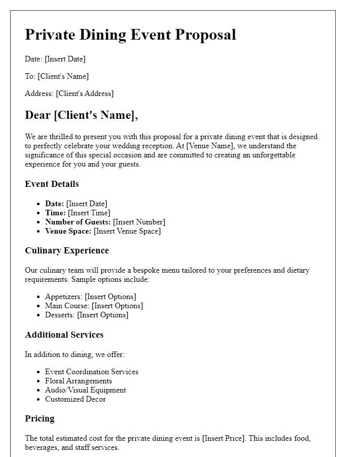 Letter template of private dining event proposal for wedding receptions.