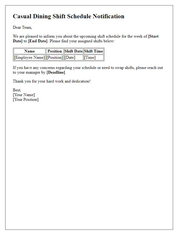 Letter template of casual dining shift schedule notification