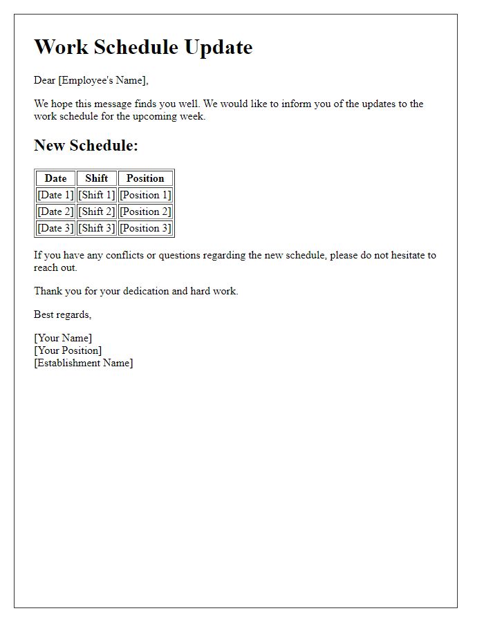 Letter template of dining establishment work schedule update