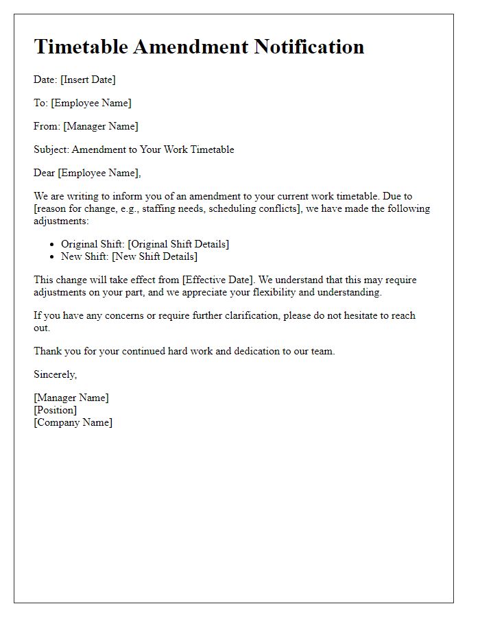 Letter template of food service employee timetable amendment