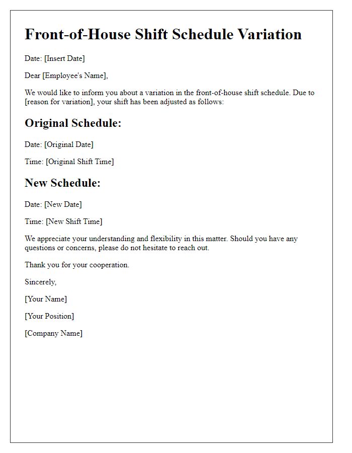 Letter template of front-of-house shift schedule variation