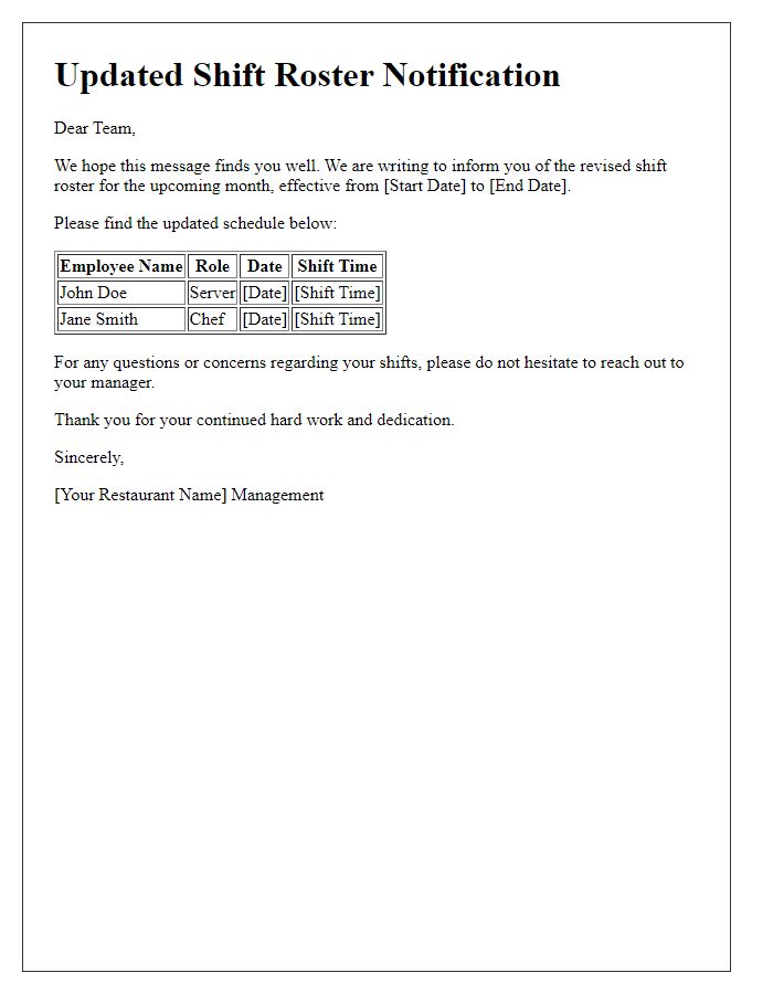 Letter template of restaurant's revised shift roster communication