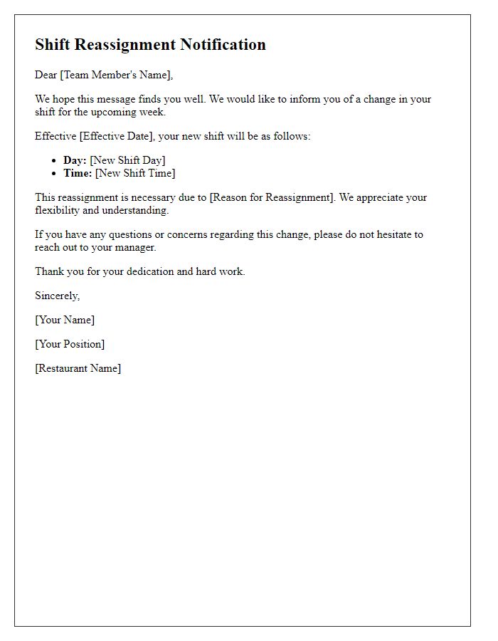 Letter template of restaurant team member shift reassignment
