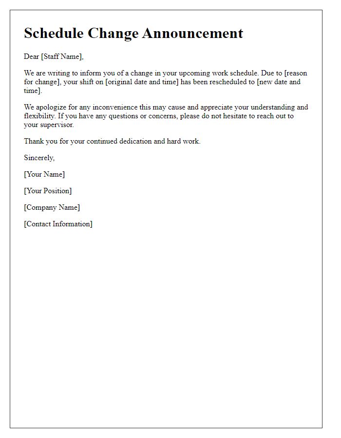 Letter template of service staff schedule change announcement