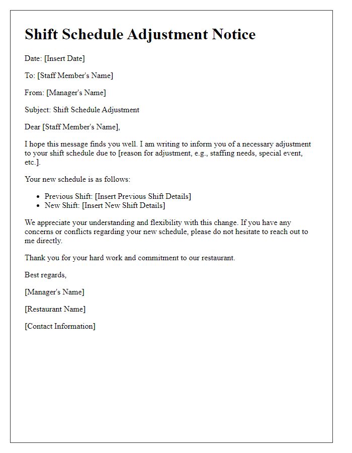 Letter template of shift schedule adjustment notice for restaurant staff