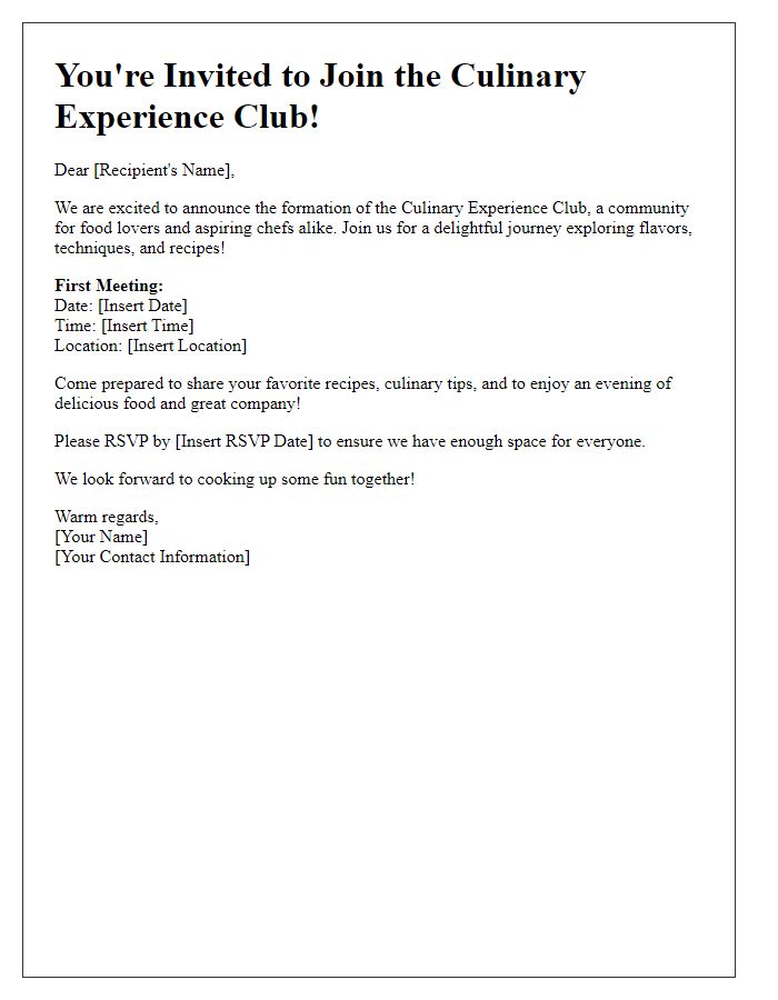 Letter template of culinary experience club invitation.