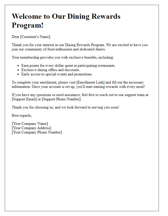 Letter template of dining rewards program enrollment.