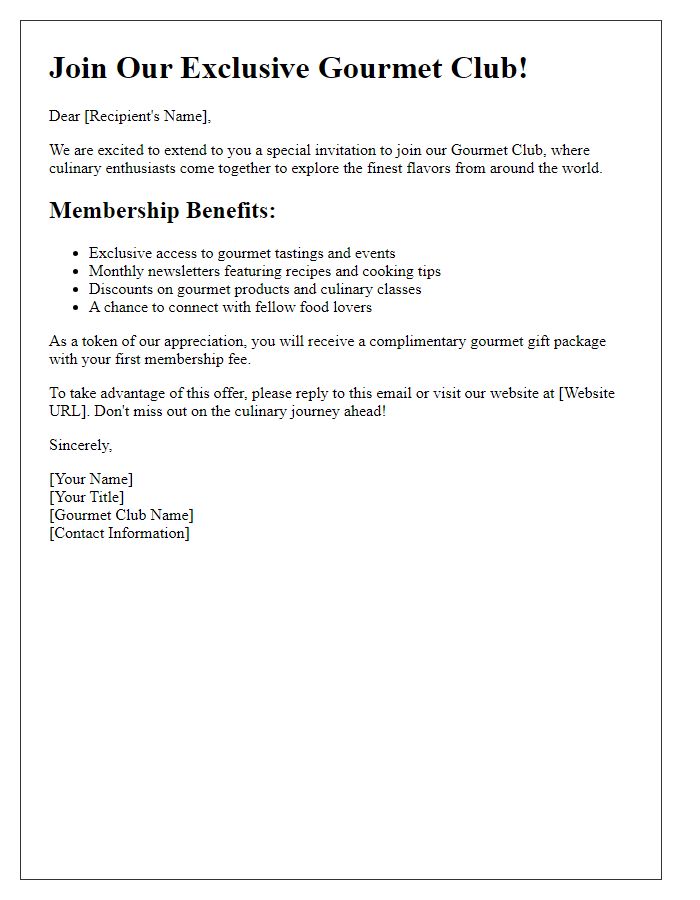 Letter template of gourmet club membership offer.