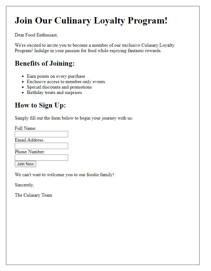 Letter template of loyalty program sign-up for food enthusiasts.