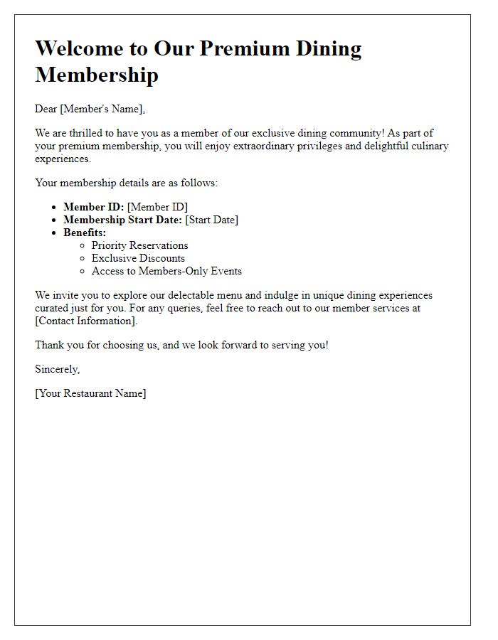 Letter template of premium dining membership registration.