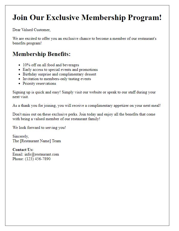 Letter template of restaurant benefits membership offer.