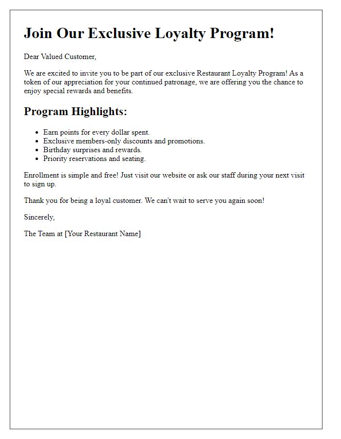 Letter template of restaurant loyalty program invitation.