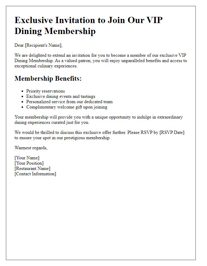 Letter template of VIP dining membership invitation.