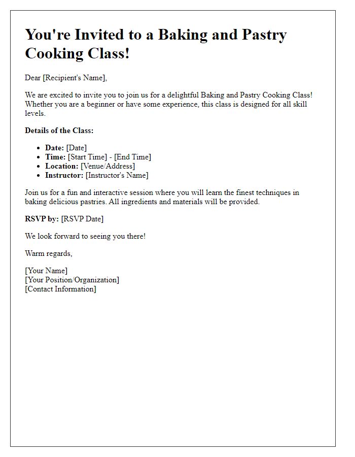 Letter template of invitation for a baking and pastry cooking class