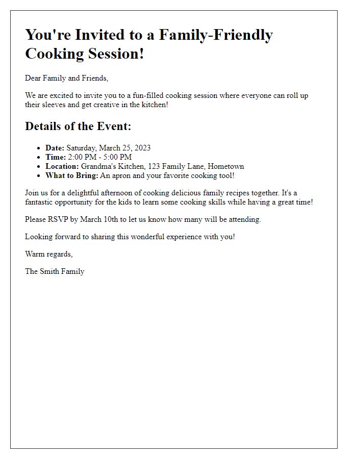 Letter template of invitation for a family-friendly cooking session