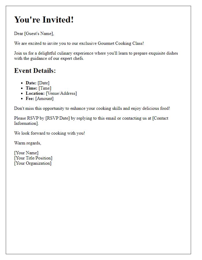 Letter template of invitation for a gourmet cooking class experience