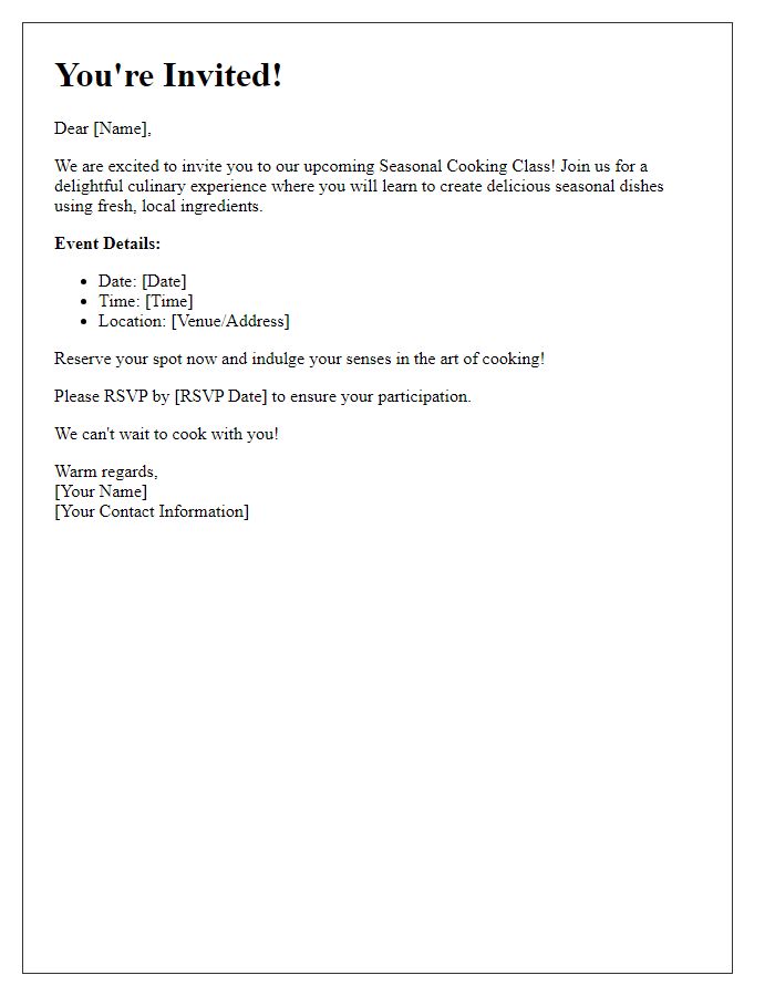 Letter template of invitation for a seasonal cooking class event