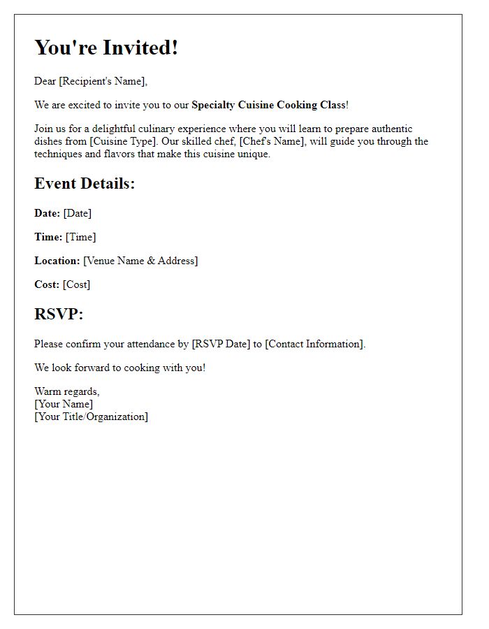 Letter template of invitation for a specialty cuisine cooking class