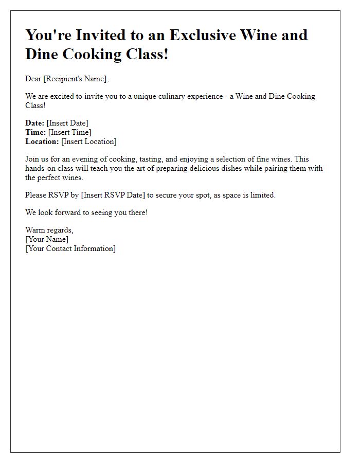 Letter template of invitation for a wine and dine cooking class