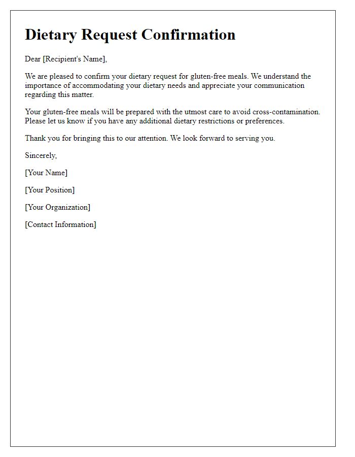 Letter template of dietary request confirmation for gluten-free meals.