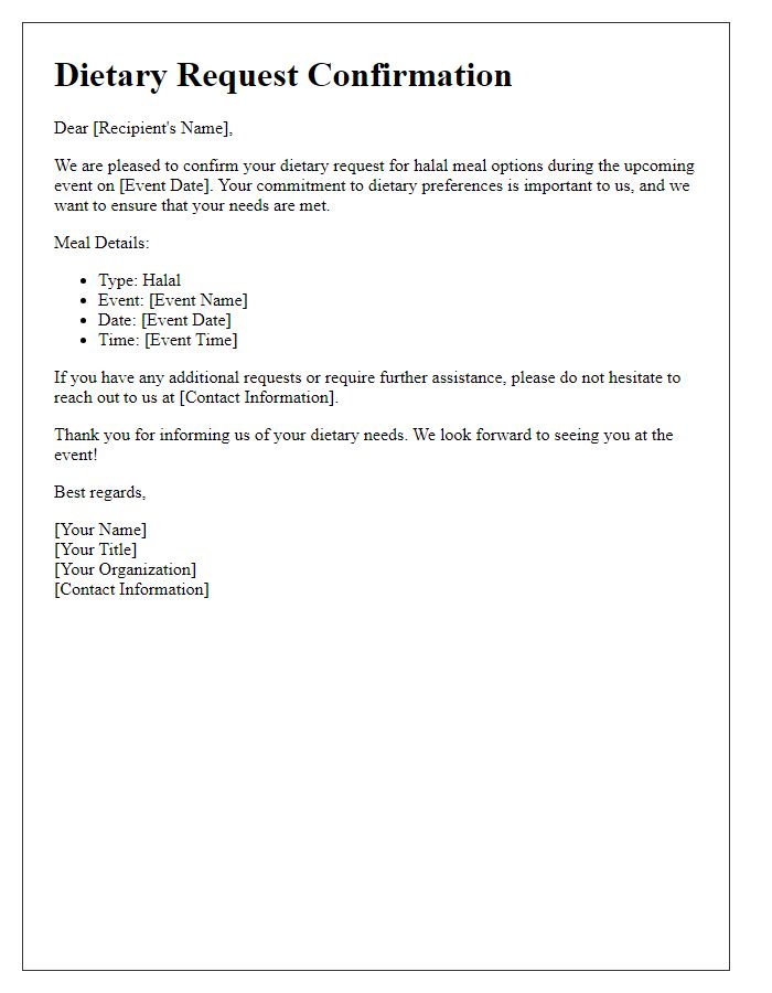 Letter template of dietary request confirmation for halal options.