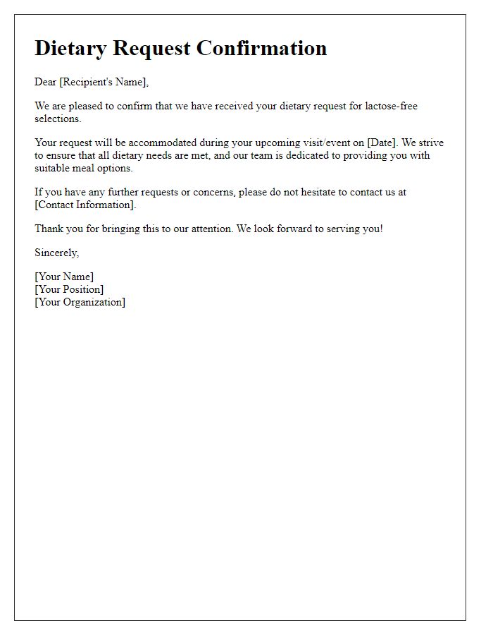 Letter template of dietary request confirmation for lactose-free selections.