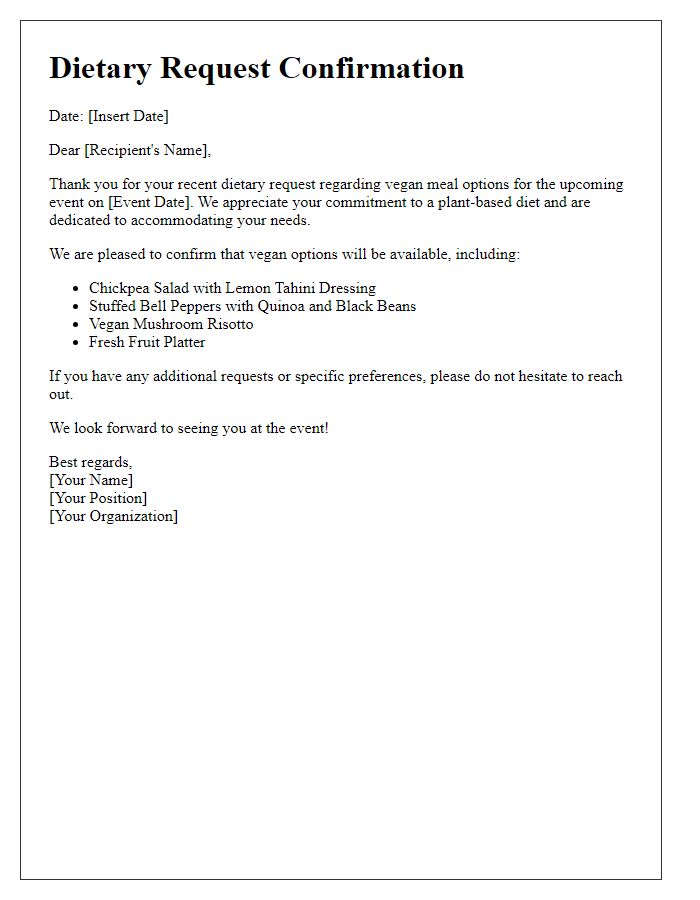 Letter template of dietary request confirmation for vegan options.