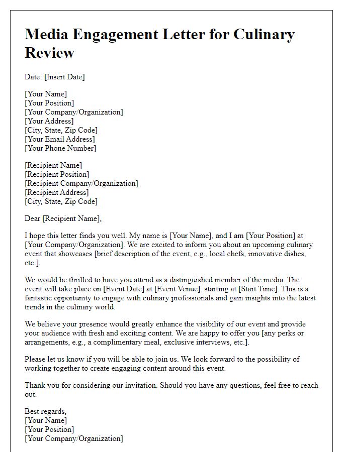 Letter template of Media Engagement for Culinary Review