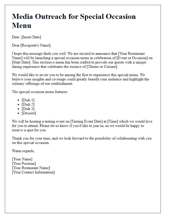 Letter template of Media Outreach for Special Occasion Menu