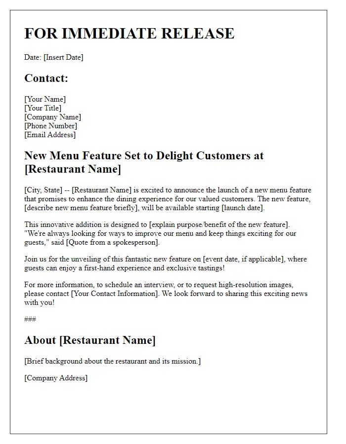 Letter template of Press Release Request for New Menu Feature